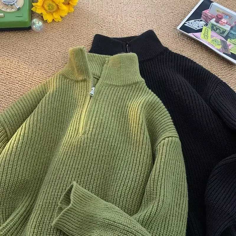 Harajuku Fashion Half Zipper Turtle Neck Sweater Mens Autumn Winter 2024 Solid Color Sweater Korean Lazy Style Fully Matched Casual Jacket W2411111
