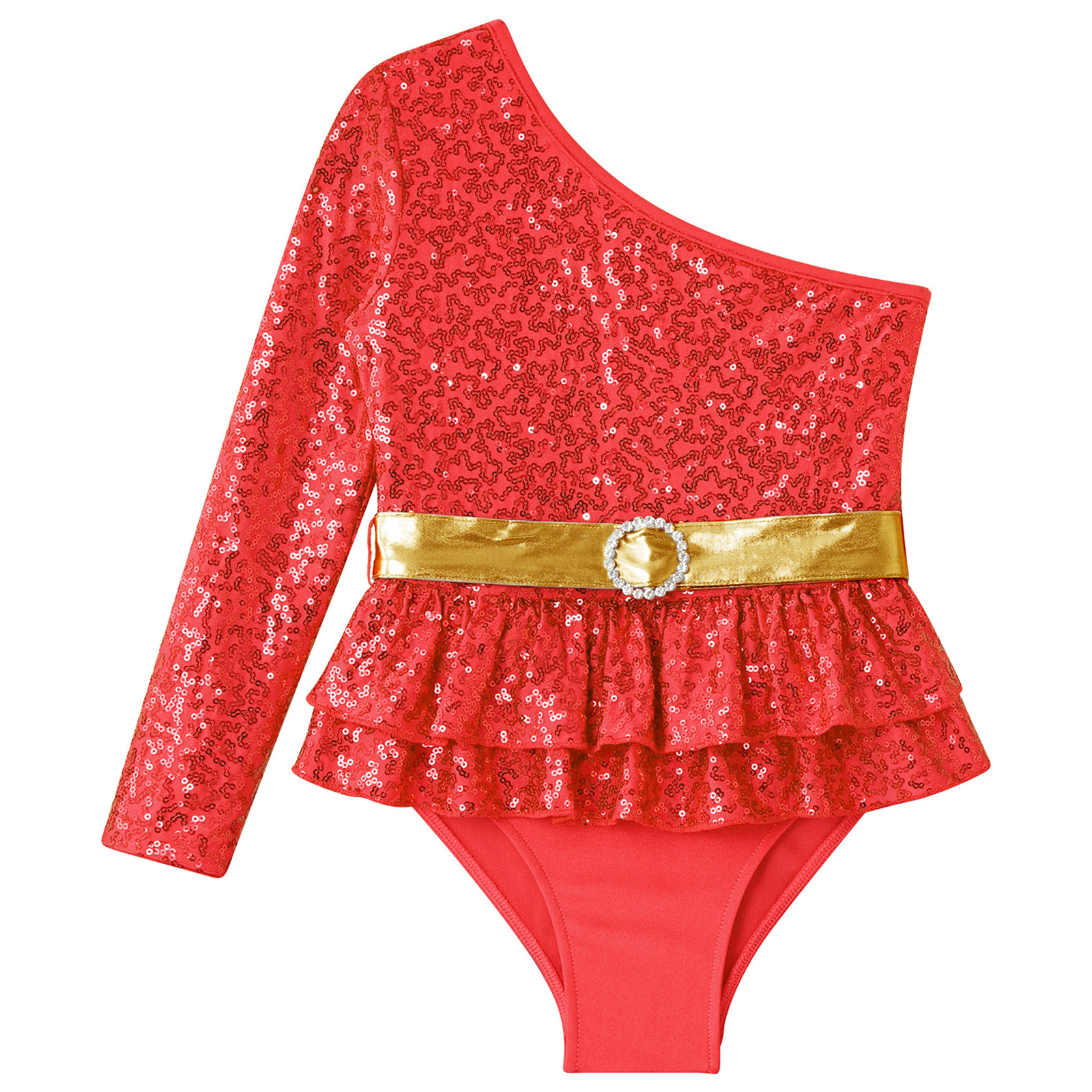 Kids Girls Gymnatics Ballet Leotards Costume Single Long Sleeve Oblique Shoulder Shiny Sequins Tiered Ruffle Briefs Hem Jumpsuit aca91