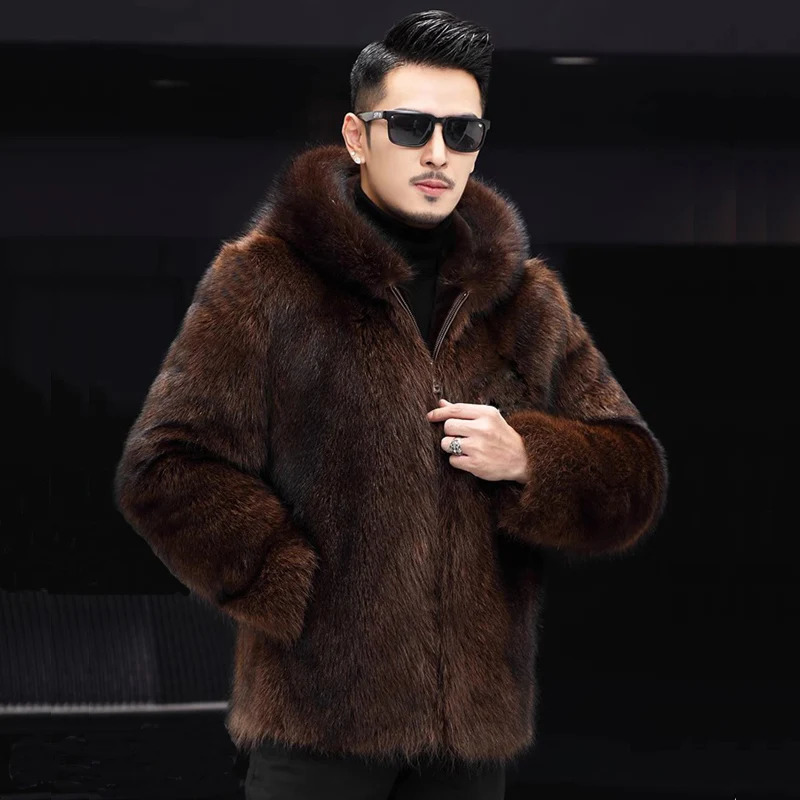 Mens fur coat mink coat short hooded casual fashion trend winter zipper jacket 241112