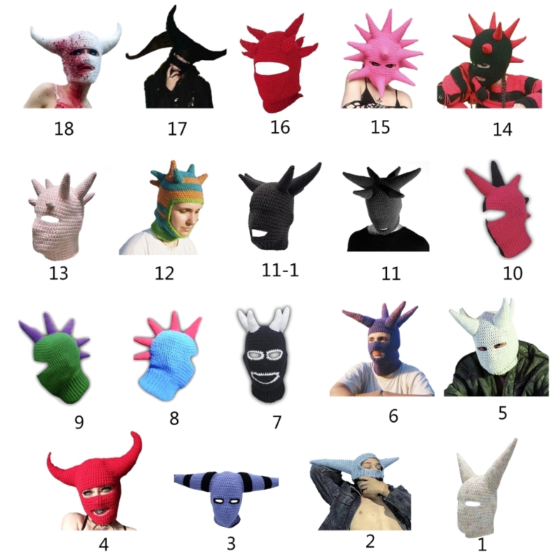 Funny Horn Balaclava Women Men Adult Halloween Face Mask Beanie Handmade Warm FaceCover Hooded Hat for Party