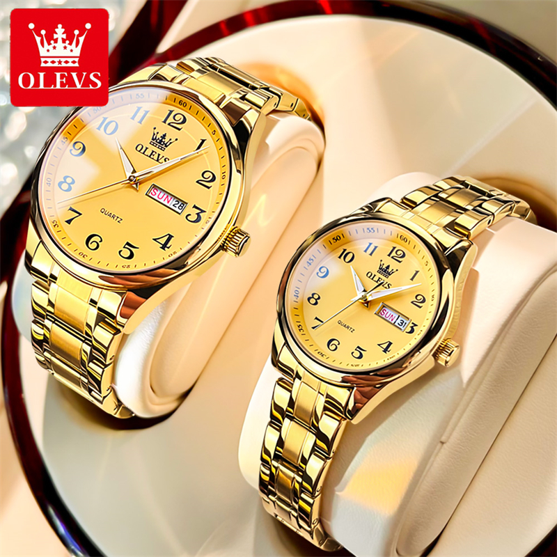 OLEVS 5567 Golden Quartz Couple Watches Paired Men and Women Brand Digits Dial Calendar Waterproof Lover's Watches Clock 9f5e0