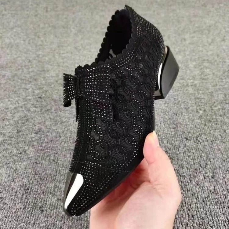 Womens Pointed Toe Sandals Breathable Mesh Tie Water Diamond Transparent Elegant Middle Heel Simple Pump Shoes Mesh Sandals 241111