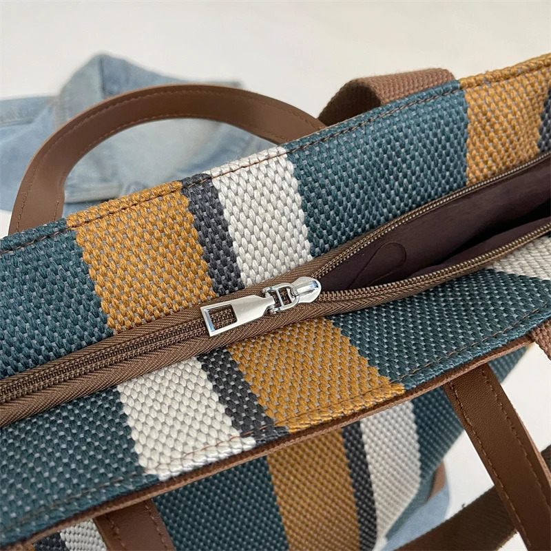 Striped Shoulder Bucket Bags For Women Canvas Fabric Large Capacity Shopping Contrast Color Commute Shopper Handbags 241111