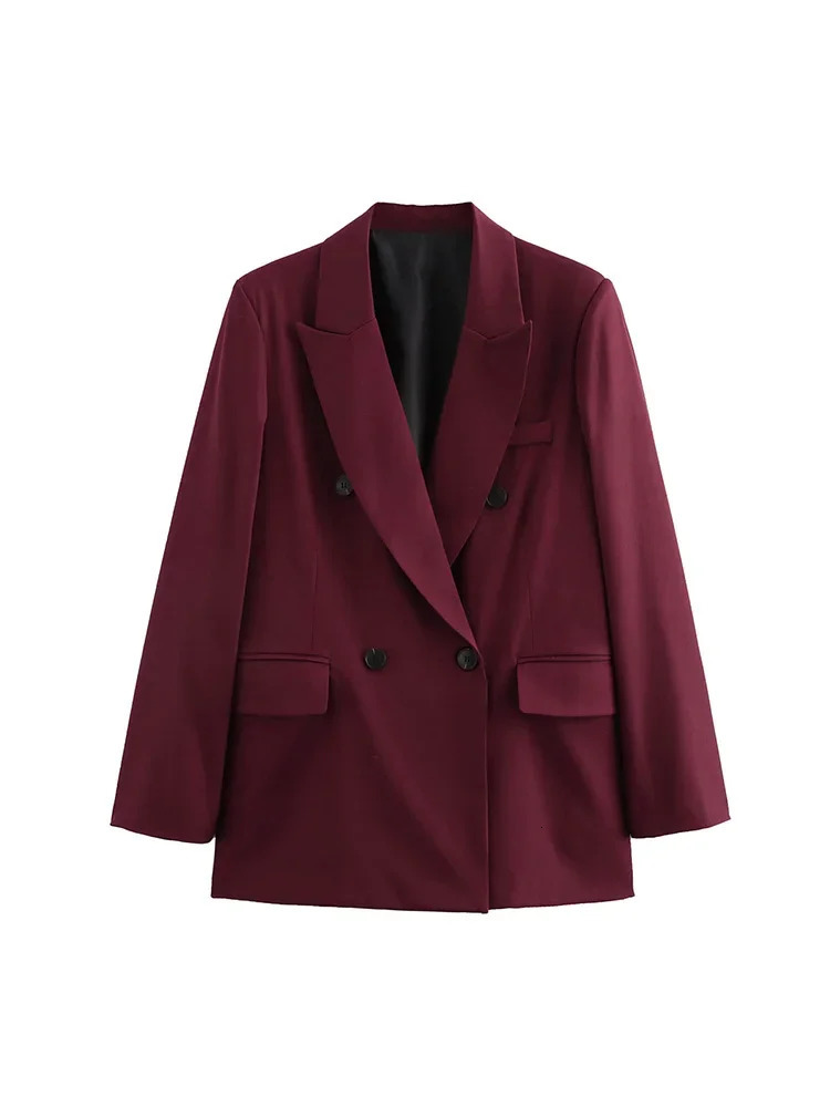 Willshela Womens Fashion Pocket Wine Red Double Chest Sweatshirt Retro Notched Collar Long Sleeves Womens Fashion Womens Wear 241111