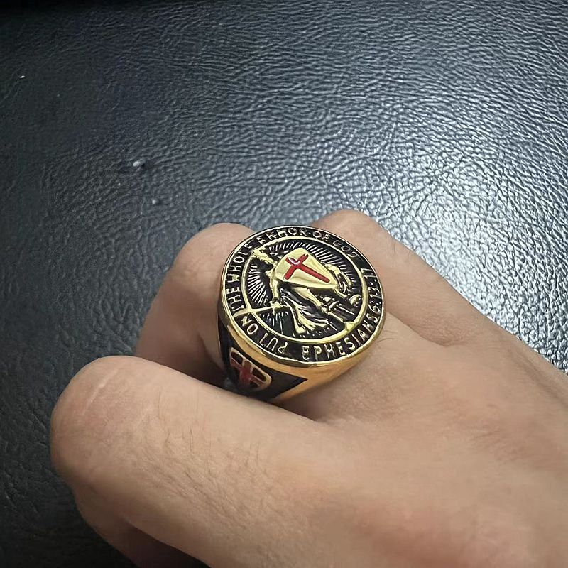 Hip Hop Shield Titanium Steel Casting Ring 18k Real Gold Plated Mens Jewelry