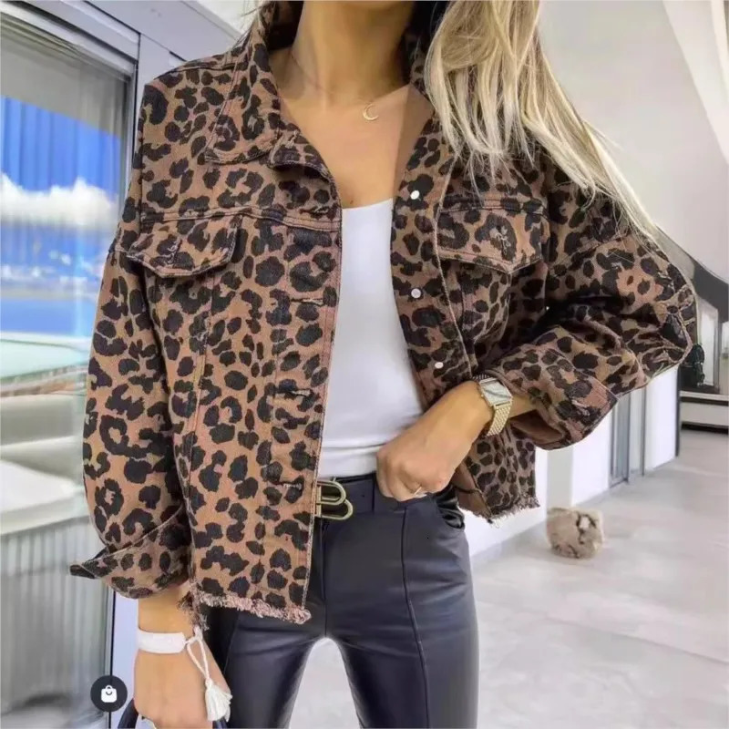 Fashionable womens leopard print denim jacket womens casual lapel button chest pocket jacket denim jacket 241112
