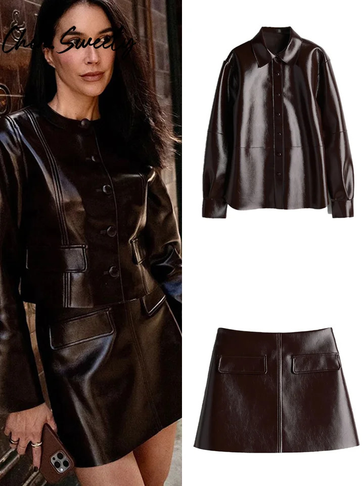 Retro Brown Jacket Womens Set Long Sleeve O-Collar Button Coat Sexy Zipper Dress Autumn City Womens Street Set 241112