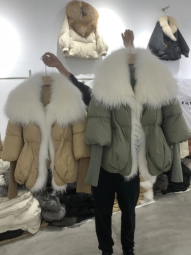 Winter Women Puffer Coat Large Real Fox Fur Collar Thick Parkas Outerwear Female 90% White Duck Down Jacket 241112