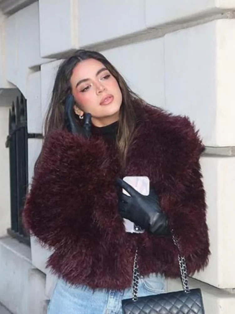 Womens fashionable Burgundy faux fur coat retro lapel V-neck long sleeved thick jacket womens elegant warm coat 241112