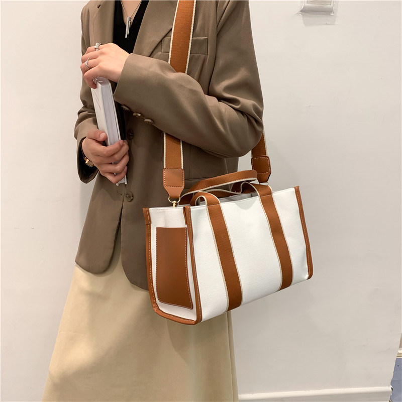 Simple Striped Canvas Ol Shoulder Bag Large Capacity Hit Color Tote Designer Ladies Casual Shopper Handbag Female Crossbody Bag