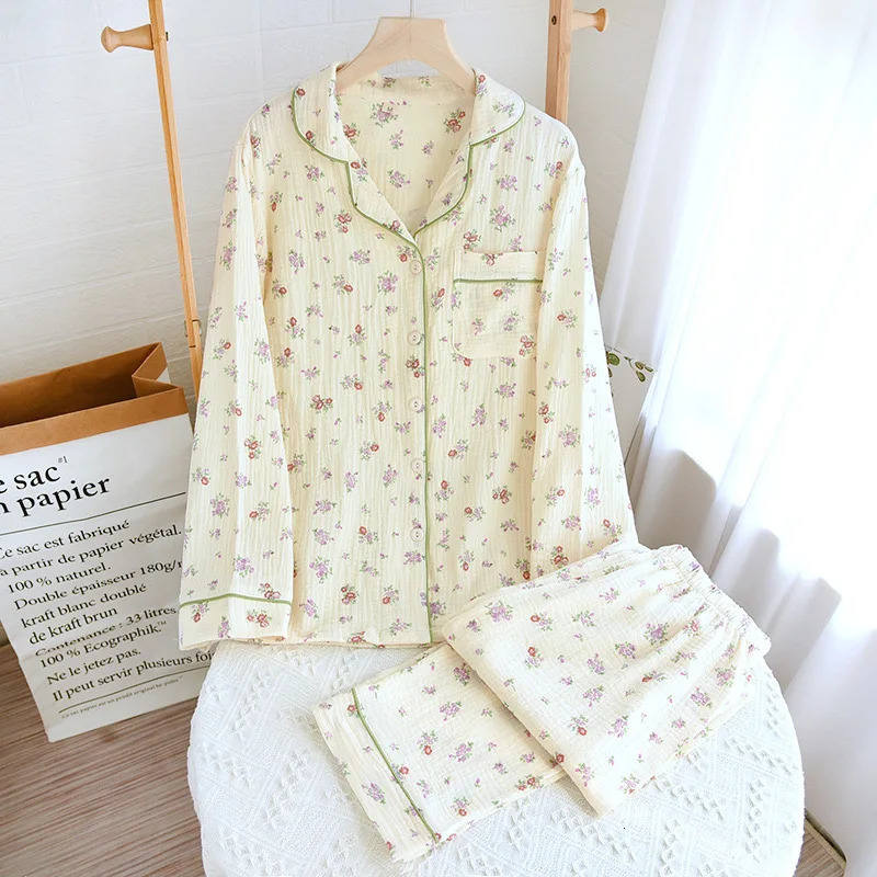 Autumn long sleeved cotton double high waisted womens pajamas loose casual plus size casual jacket flip collar printed pajamas 241112