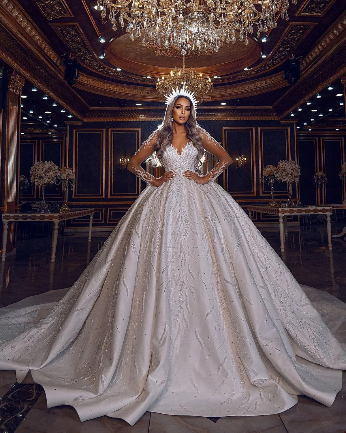 Gorgeous A Line Women Wedding Dress Sheer Neck Long Sleeves Bridal Gowns Sequins Lace Sweep Train Dress Custom Made vestidos de novia