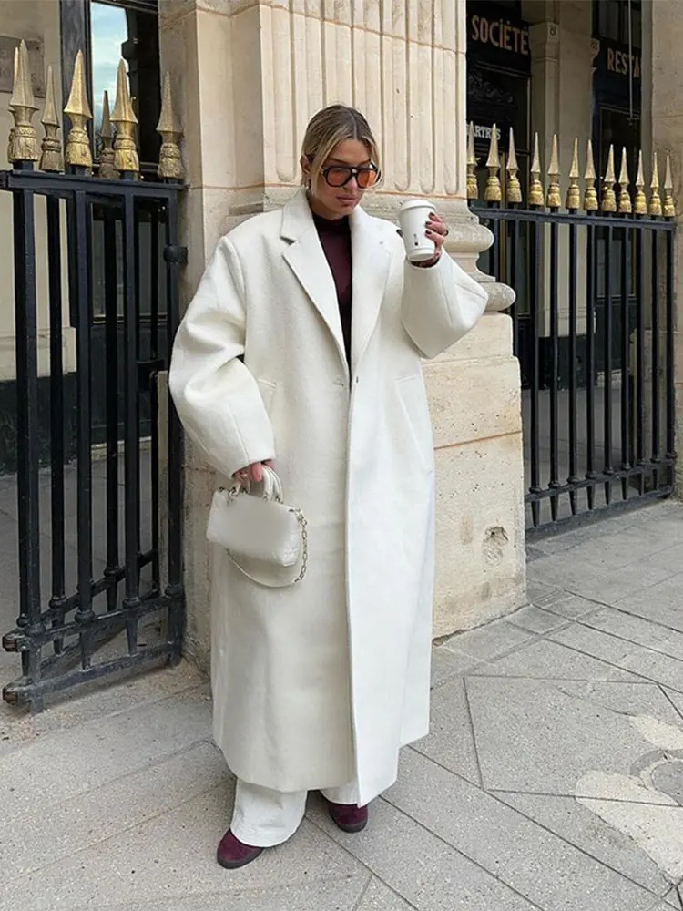 Autumn white collar long sleeved wool coat for women fashionable single button oversized long sleeved coat casual womens high street clothing 241112