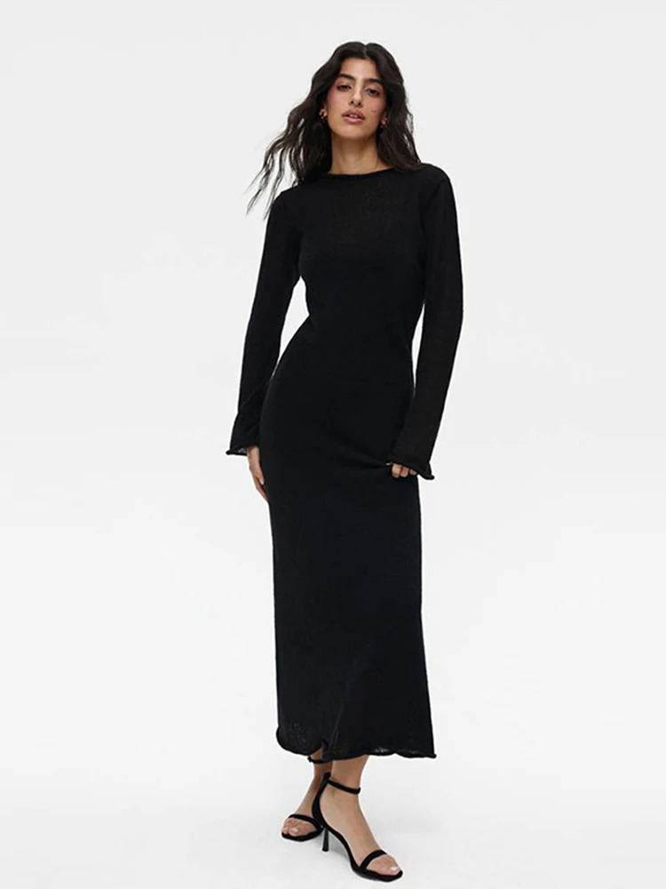 Strap Dress Set Womens Knitted Round Neck Elegant Solid Long Sleeve Womens Dress Fashion Hollow Set 2-piece Womens Dress 241112