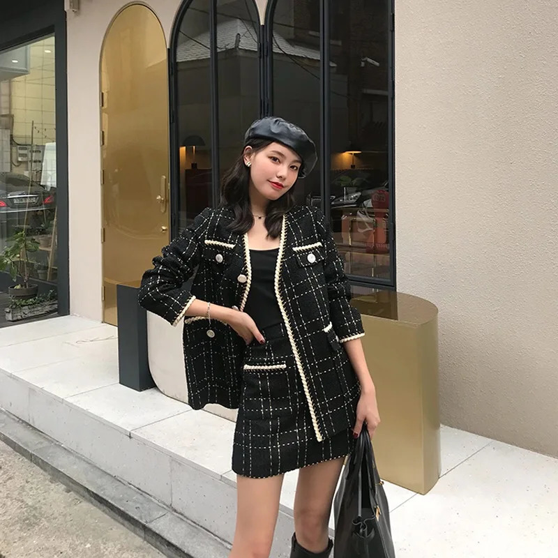 Autumn Elegant Black Checkered Wool Coarse Felt JacketMini Skiing Set Office Elegant Womens Two Piece Set Sportswear 241112