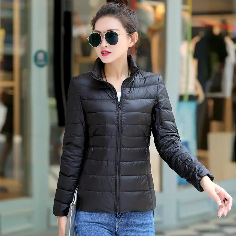 Womens 90% white duck down jacket womens ultra-thin duck down jacket autumn warm vertical collar hiking portable 241112