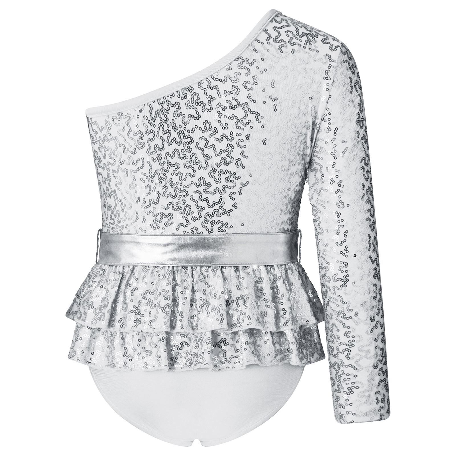 Kids Girls Gymnatics Ballet Leotards Costume Single Long Sleeve Oblique Shoulder Shiny Sequins Tiered Ruffle Briefs Hem Jumpsuit aca91