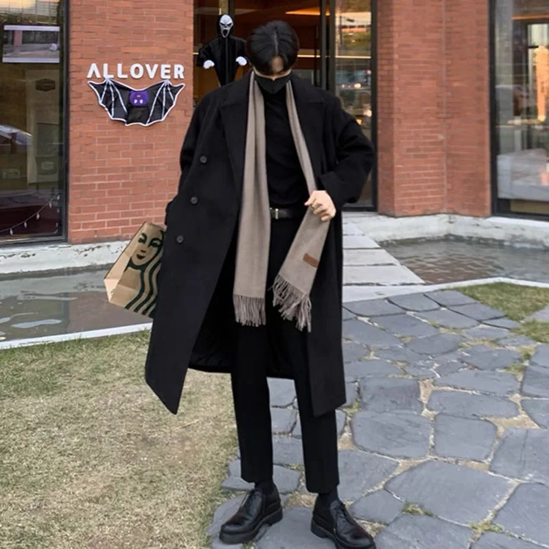 Winter mens black thick wool trench coat Korean high-quality mens casual trench coat mens street mounted windbreaker 241112