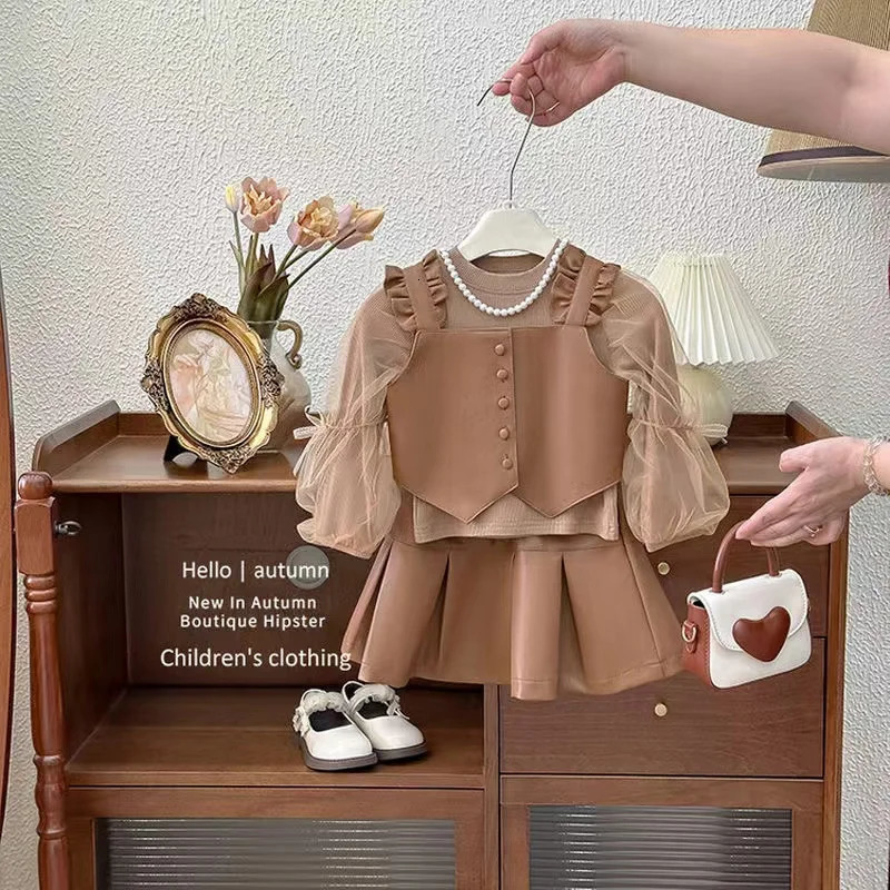 Children Autumn Winter Style Long Sleeve Sweater Vest PU Leather Short Skirt Girls Three Piece Set Kids Outfits 241112