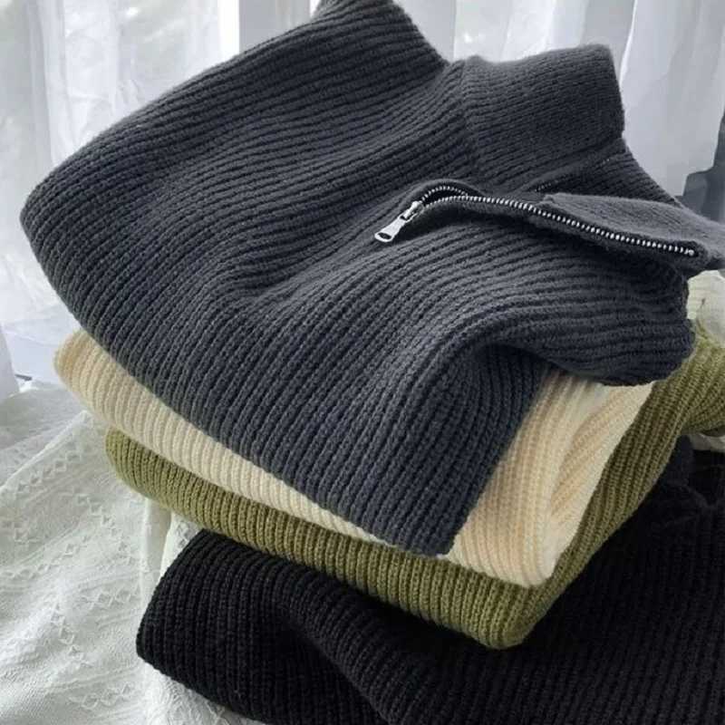 Harajuku Fashion Half Zipper Turtle Neck Sweater Mens Autumn Winter 2024 Solid Color Sweater Korean Lazy Style Fully Matched Casual Jacket W2411111