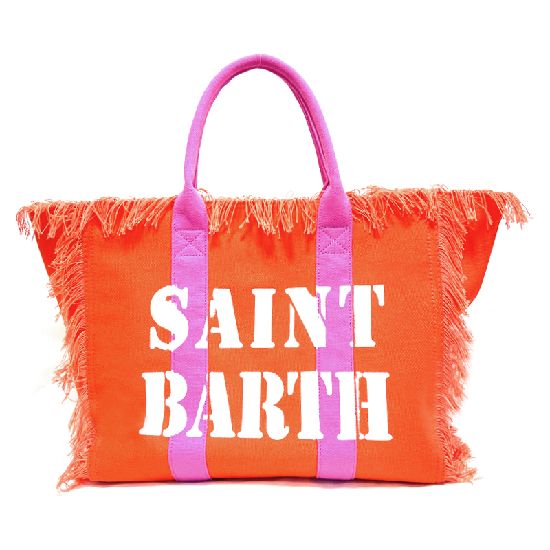 Saint Barth Brand Women Casual Tote Bag Tassel Luxury Canvas Beach Shoulder Bag Large Handbag Orange Solid with Rose Red Handles