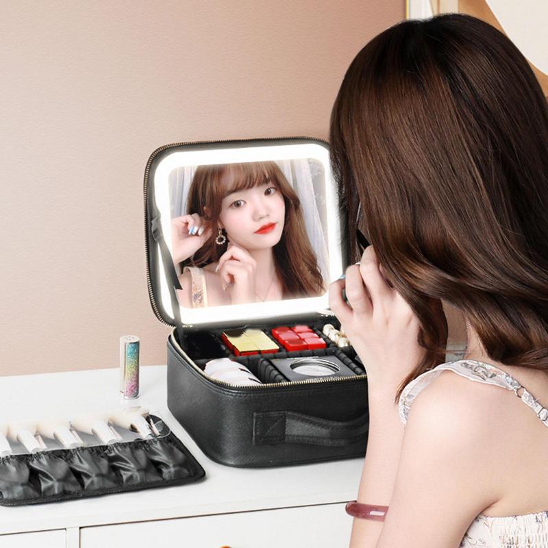 Smart LED Makeup Bag With Mirror Large Capacity Waterproof PU Leather Travel Cosmetic Case For Women Jewelry Box Organizer Case 1697d