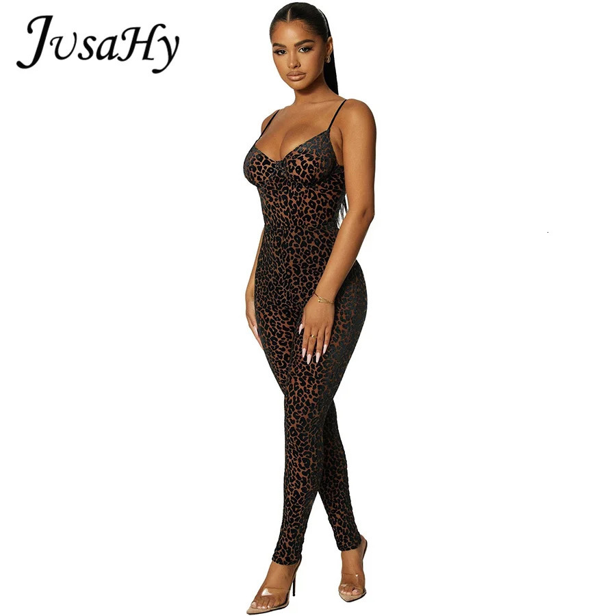 JuSaHy Leopard Print Flocking jumpsuit for women fashionable sleeveless and backless shapewear casual high street womens clothing 241112