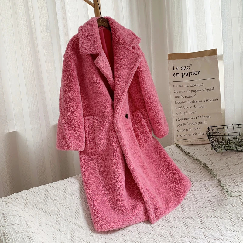 DISCVRY Pink Long Teddy Bear Jacket for Womens Winter Thick Warm Oversized Short and Fat Coat for Womens Artificial Ramsworth Fur Coat 241112