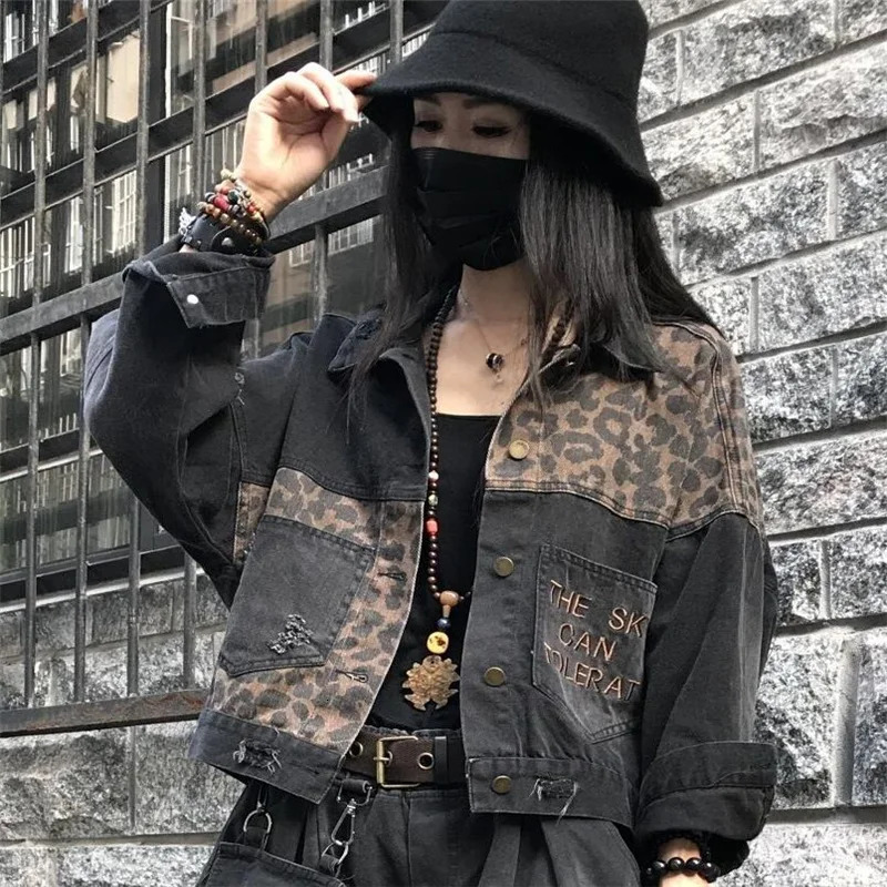 Embracery Leopard Jeans Jacket Womens Short Jacket Distressed Brushed Streetwear Loose Spring and Autumn Jacket Womens Jacket 241112