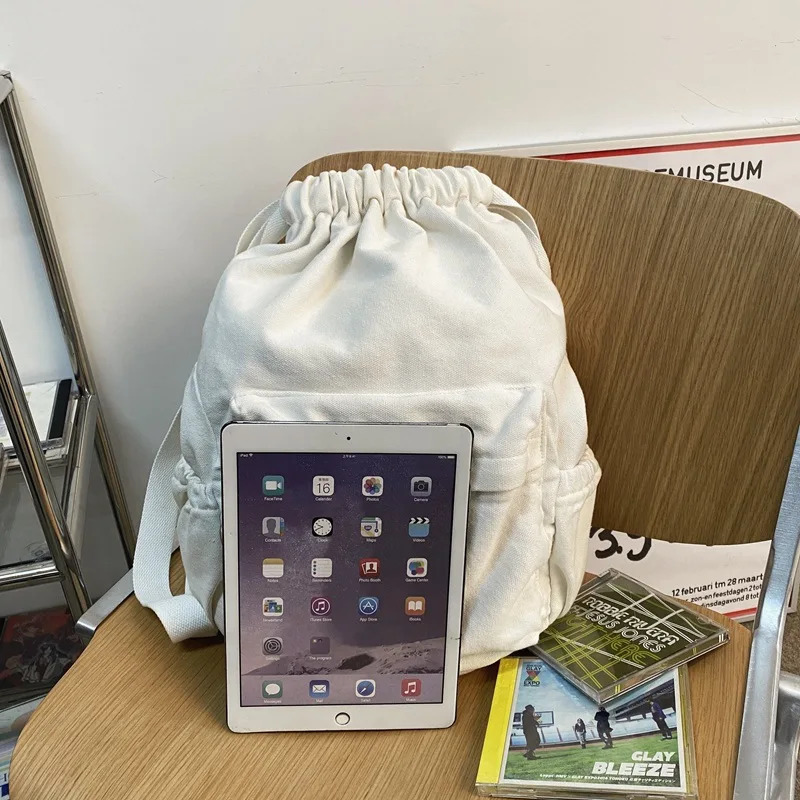 solid color retro style canvas Korean casual womens backpack Harajuku high school student washing canvas drawstring backpack 241111