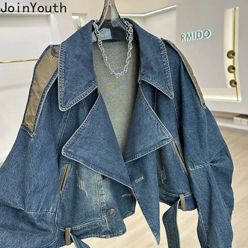 Streetwear denim womens jacket Ropa Mujer patch work leather PU casual jacket Y2k top Harajuku fashion retro jacket 241112