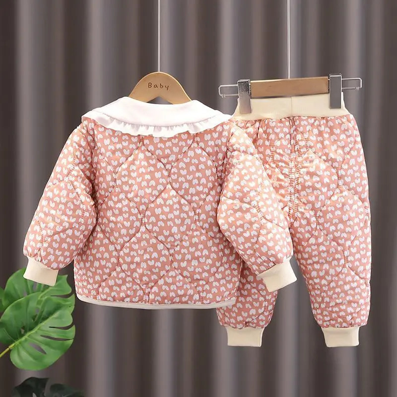 Baby Girls Cotton-Padded Jacket Set Winter Thick Warm Floral Print Quilted Coat Pants 2 Piece Set Cute Kids Casual Clothes 241112