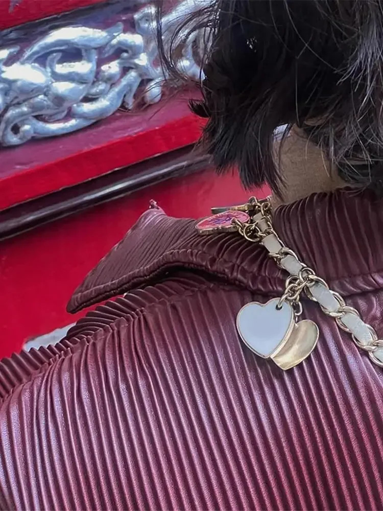 Fashion Retro Wine Red Suede Leather Jacket Elegant Lapel Long Sleeves Loose Short Coat Spring Autumn Chic Lady Street Outerwear 241112