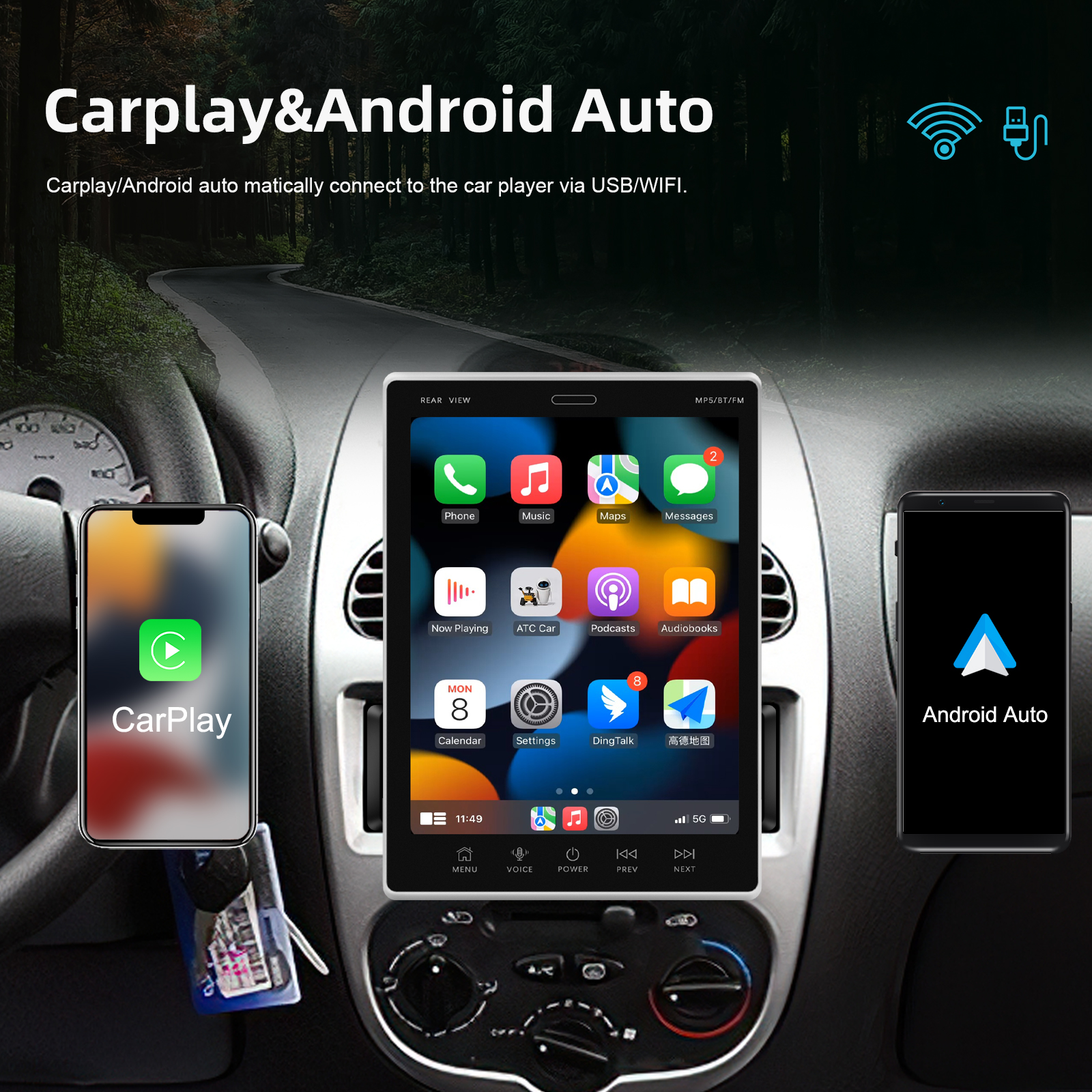 AMPrime 1 Din GPS Car Radio Stereo 9.5" Vertical Screen Android 13 Multimedia Player Carplay Android Auto For Universal WIFI RDS