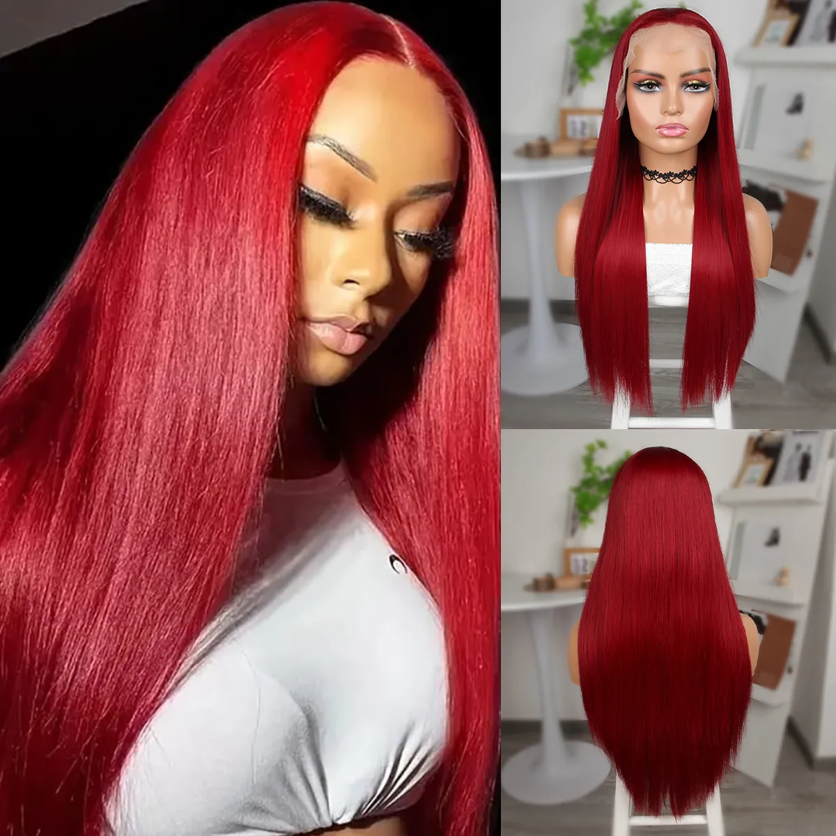 Long Wine Red Colored Lace Frontal Simulation Human Hair Wig Highlight 28 30 Inch Synthetic Deep Wave Wigs For Woman 360 Full Front Heat Resistant