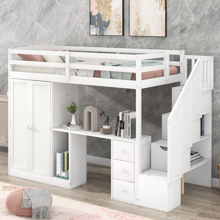 Twin Size Loft Bed with Wardrobe and Storage Staircase,built-in desk & Storage Drawers & Cabinet in 1,Loft Bed For Kids bedroom