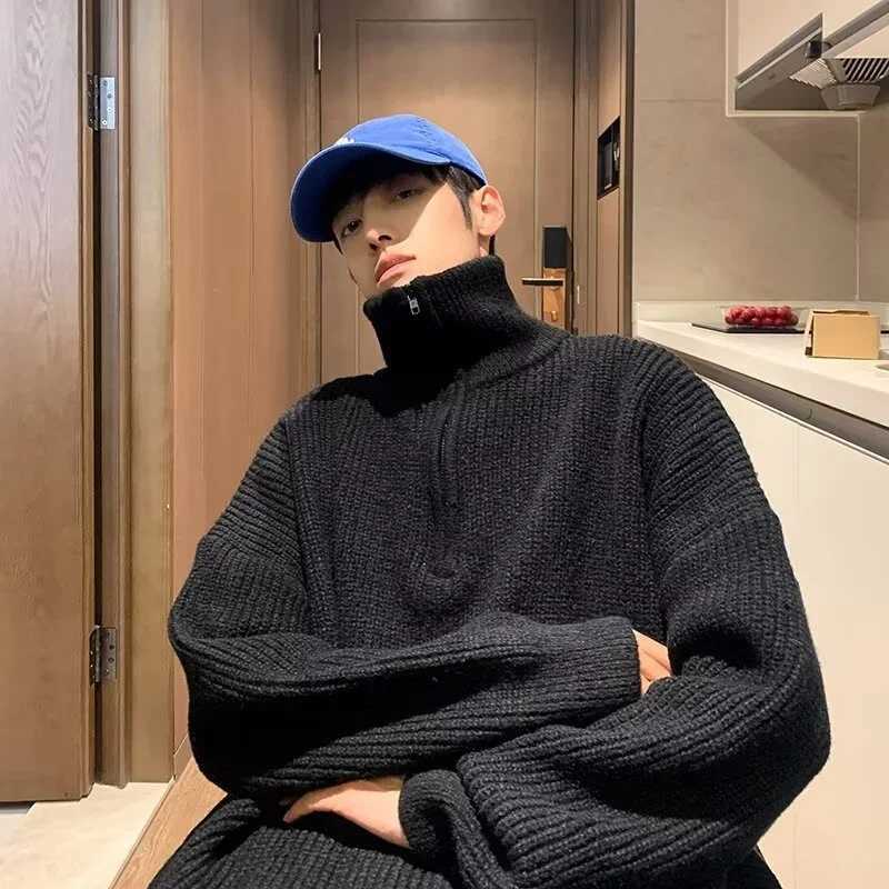 Autumn Turtleneck Half Zipper Sweater Mens New Y2K Retro Street Pulling Korean Fashion Solid Color Knitted Jersey Hombre W2411111