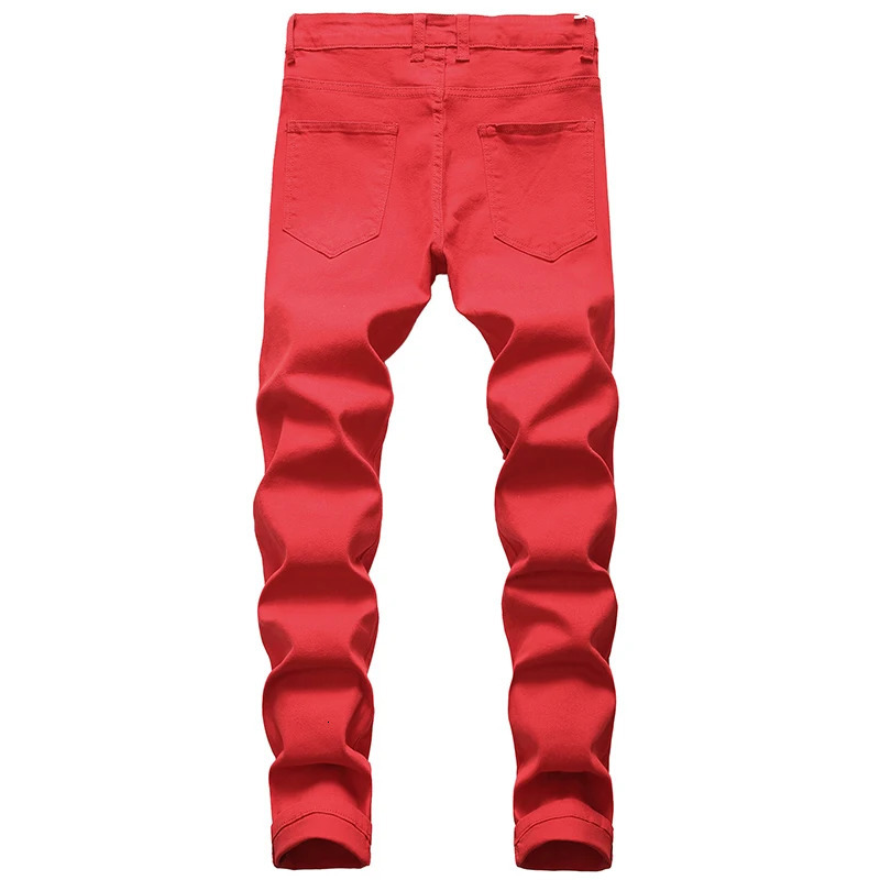 Mens Red White Black Color Fashion Jeans Slim Stretch Pencil Denim Pants Hole Casual Classic Trousers Versatile Big Size 241112
