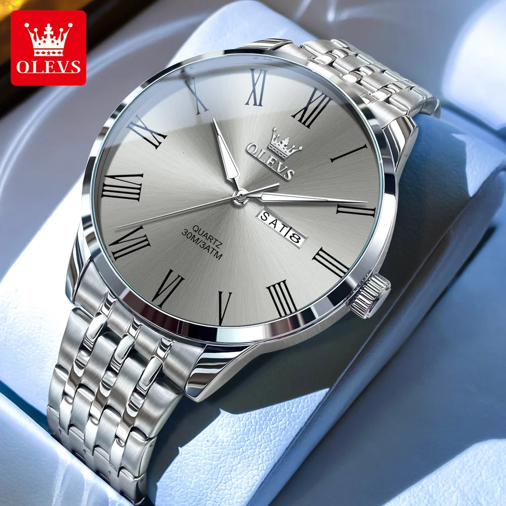 OLEVS original simple mens watch waterproof stainless steel quartz watch luminous date Roman scale mens watch 241112