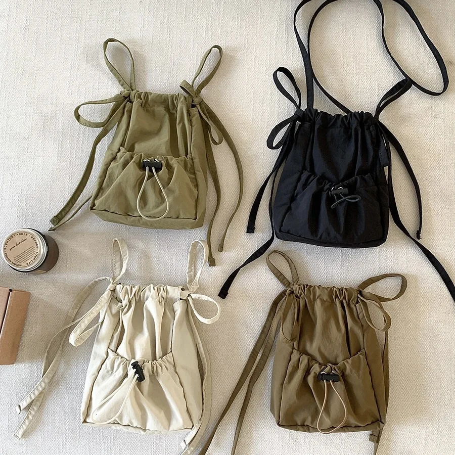Mini drawstring cross body bag for womens casual Ruched shoulder bag small canvas phone flip bag square nylon handbag fashion 241111