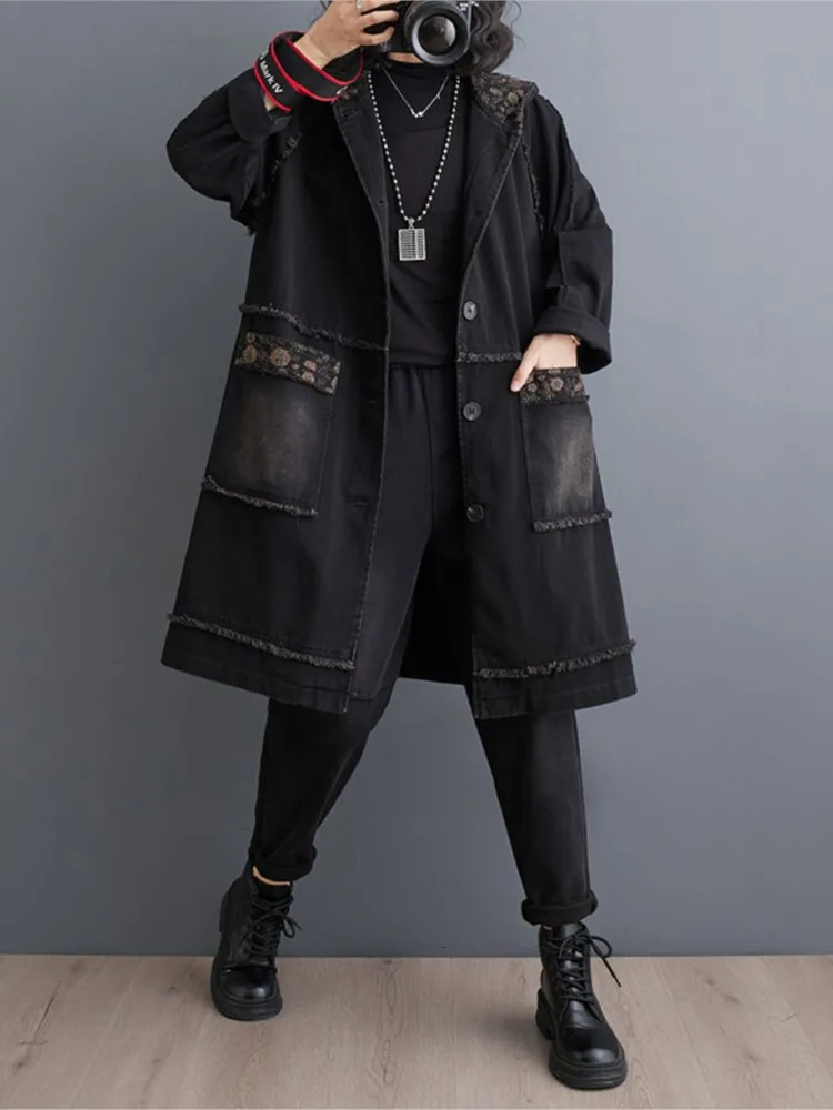 Denim Spring Hooded Midi Coat Womens Flower Printed Patch Work Fashionable Loose Womens Jacket Casual Long Sleeve Womens Trench Coat 241112