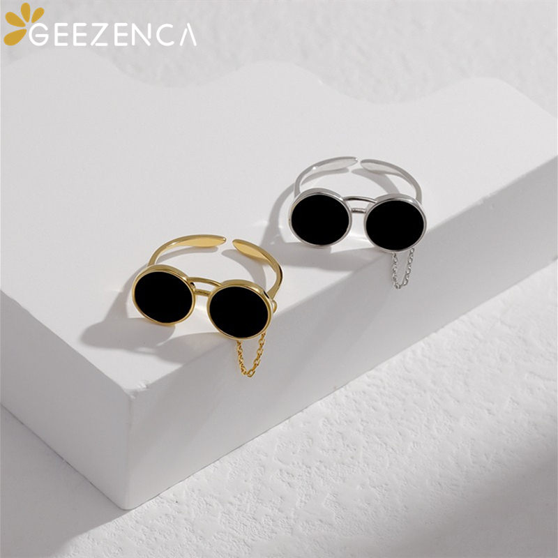 GEEZENCA Sterling Sier Black Agate Sunglasses Shaped Open Ring For Women Original Design Unique Hiphop Chic Rings 2023 New caa72