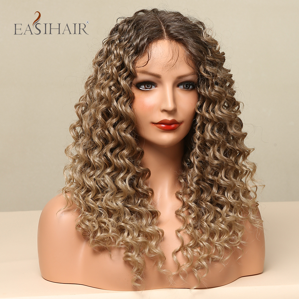 EASIHAIR Curly Wave Lace Front Synthetic Wigs Brown Golden Bouncy Curly Lace Hair Wigs for Afro Black Women Daily Heat Resistant ff502