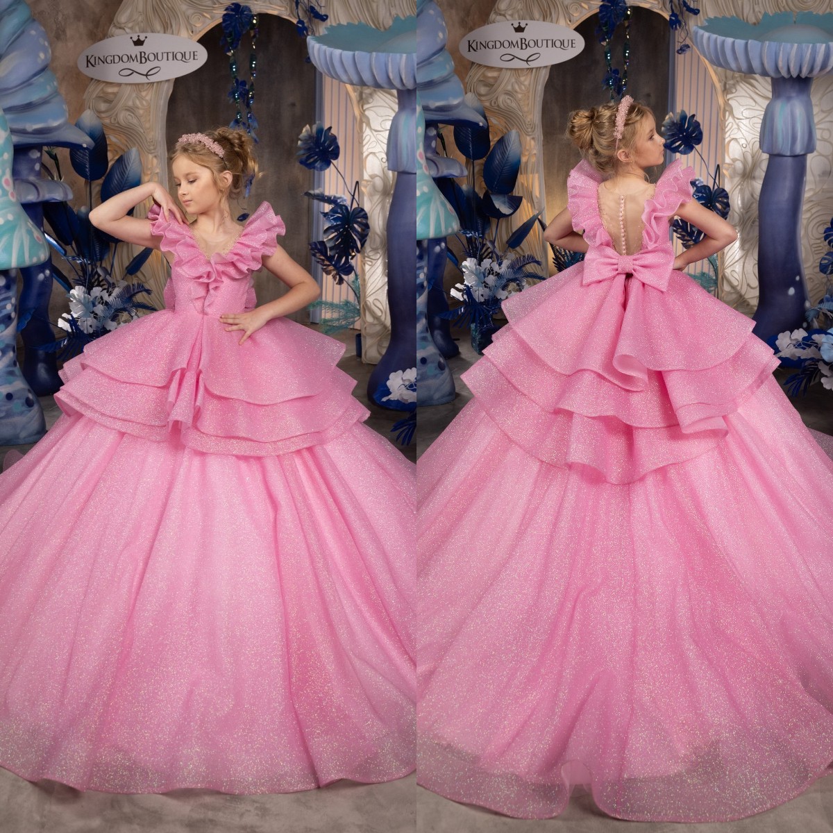 Sparkly Pink Flower Girls Dresses Ruffle Shoulder Girl Pageant Gowns Kids First Communion Dress Tiered Waist Illusion Button Back Birthday Dress 0620
