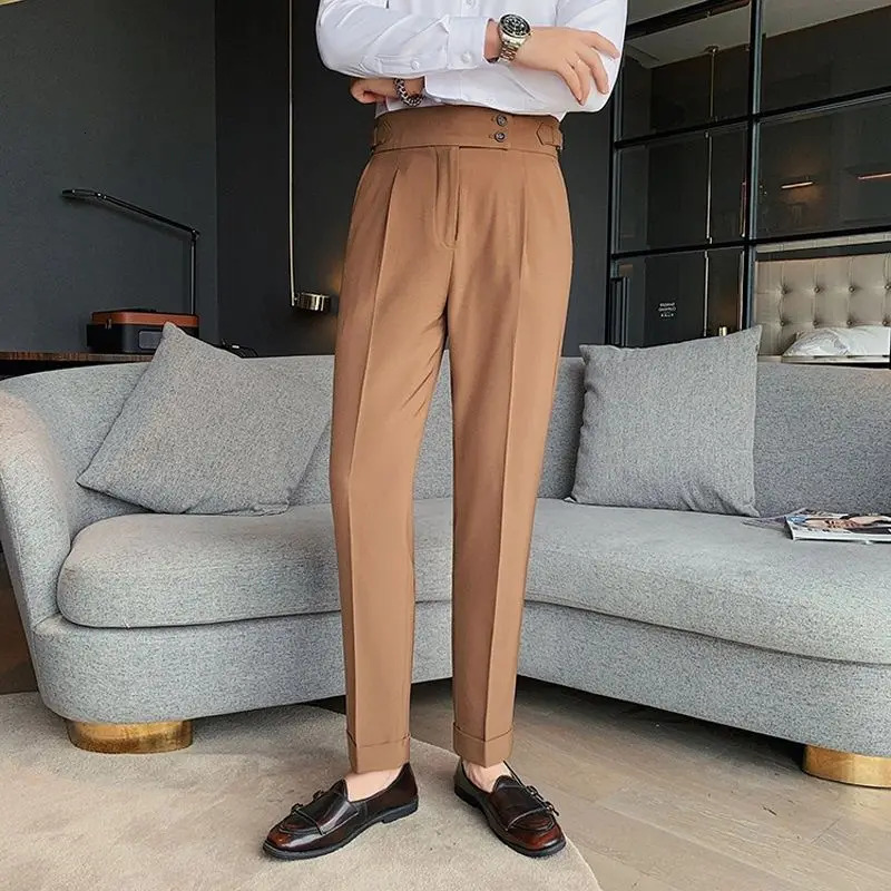 Spring and Autumn Fashion Korean Edition Casual Business High Waist Button Slim Fit Straight Tube Non Iron Mens Suit Pants 241112
