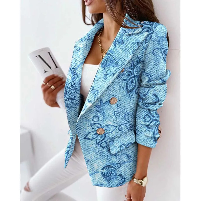 Womens plain weave jacket fashionable long sleeved double chest printed jacket beige jacket womens jacket office set 241111