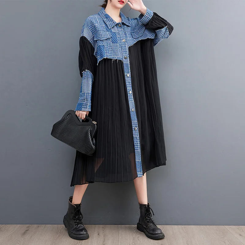 #2178 Spring Pleated Long Shirt Dress Women Denim Spliced Chiffon Sleeve Loose Vintage Midi Female Button 240329