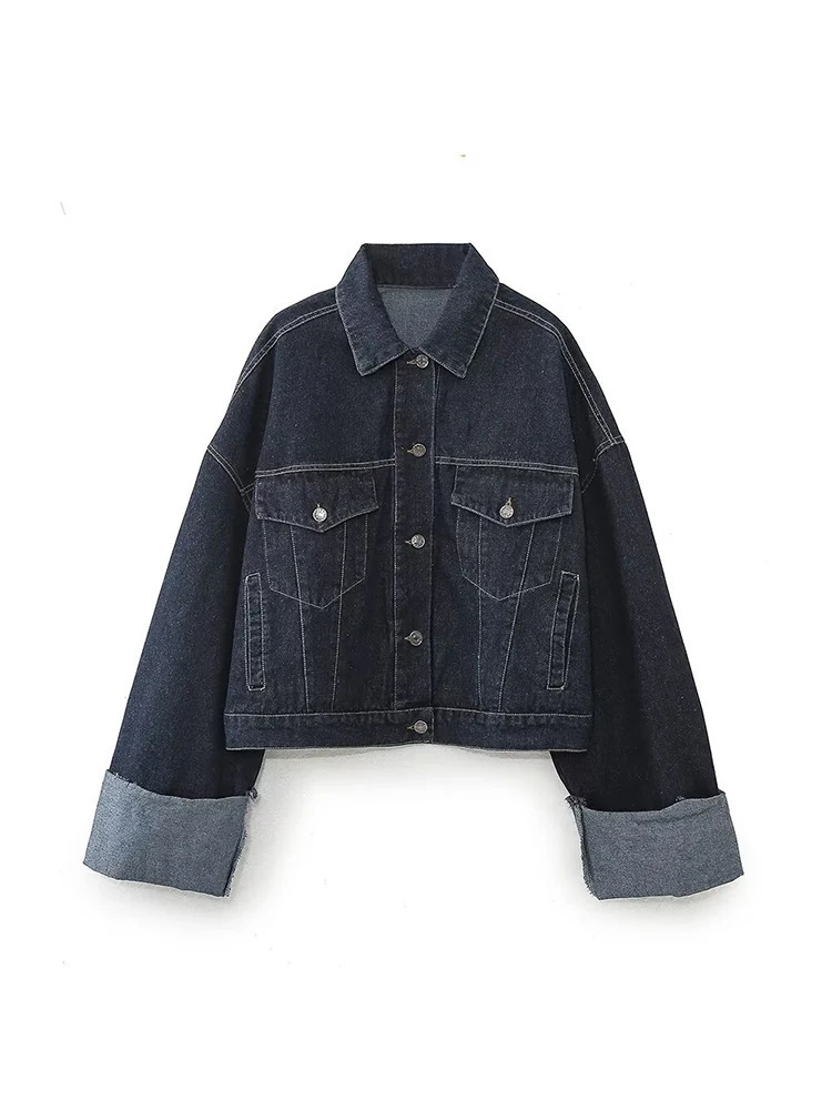 TRAF Womens Pocket Decoration Collar Curled Cuff Denim Jacket Fashion Retro Single breasted Short Jacket 241112