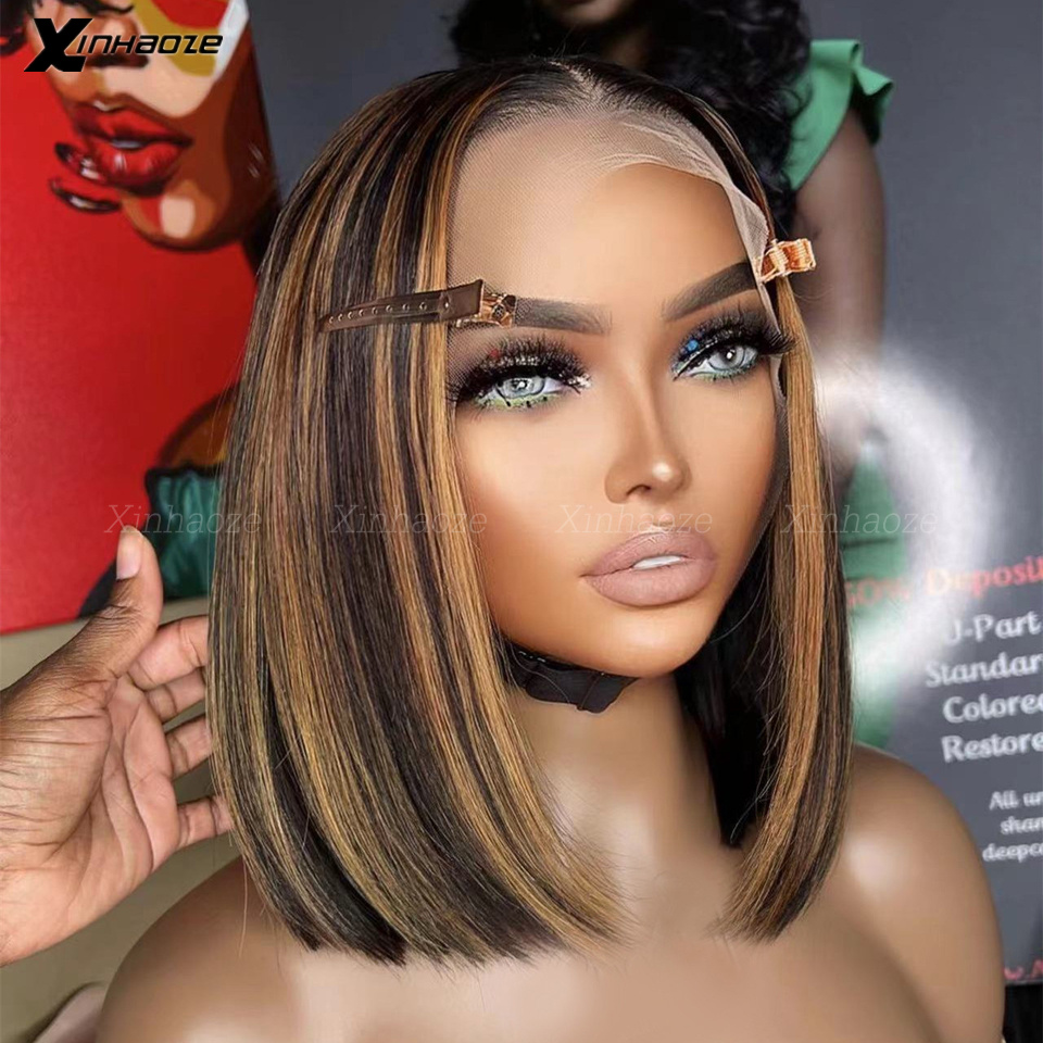 13x6 Bob Wig 4/30 Straight Lace Front Wig Transparent Lace 5x5 Silk Top Wigs Highlight Brown Colored Human Hair Wig 180 Density 5e63c