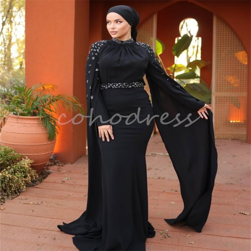 Amazing Mermaid Cafan Evening Dress With Rhinestone Beaded Elegant Long Sleeve Abaya Muslim Prom Dress Formal Party Birthday Occasion Vestio De Fiesta